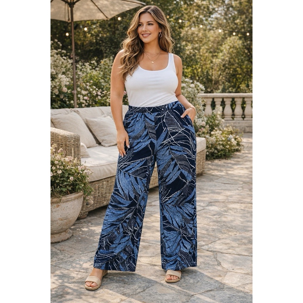 Susan Graver Liquid Knit Wide Leg Pants XL Blue Leaf Print Flowy Slinky Vacation